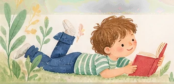 Watercolor illustration of a child reading a book