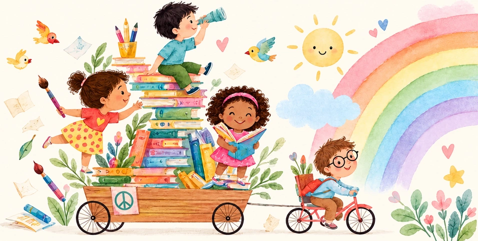 Whimsical watercolor illustration of children exploring, painting and reading books beneath a pastel rainbow