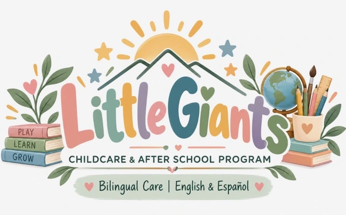 Official Little Giants childcare logo with a sunny roof, books, art supplies and the words Play, Learn, Grow